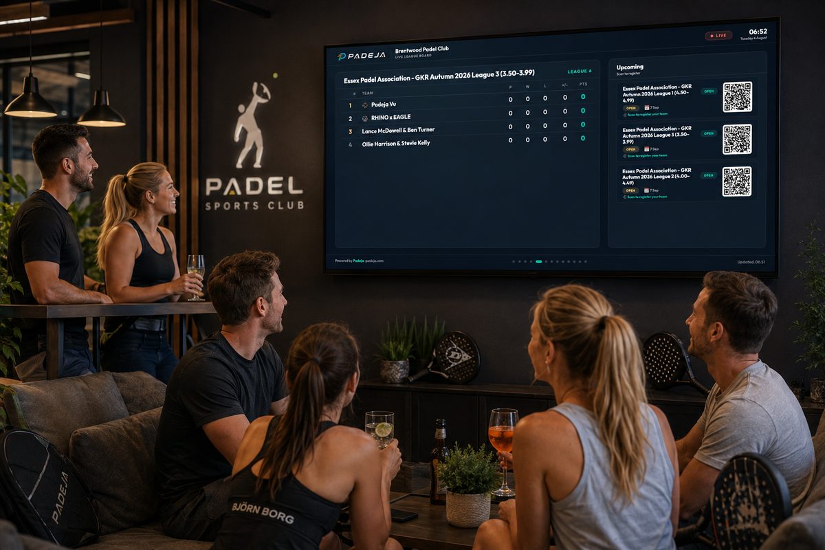 Members relaxing in a clubhouse watching the Padeja live league board on the TV